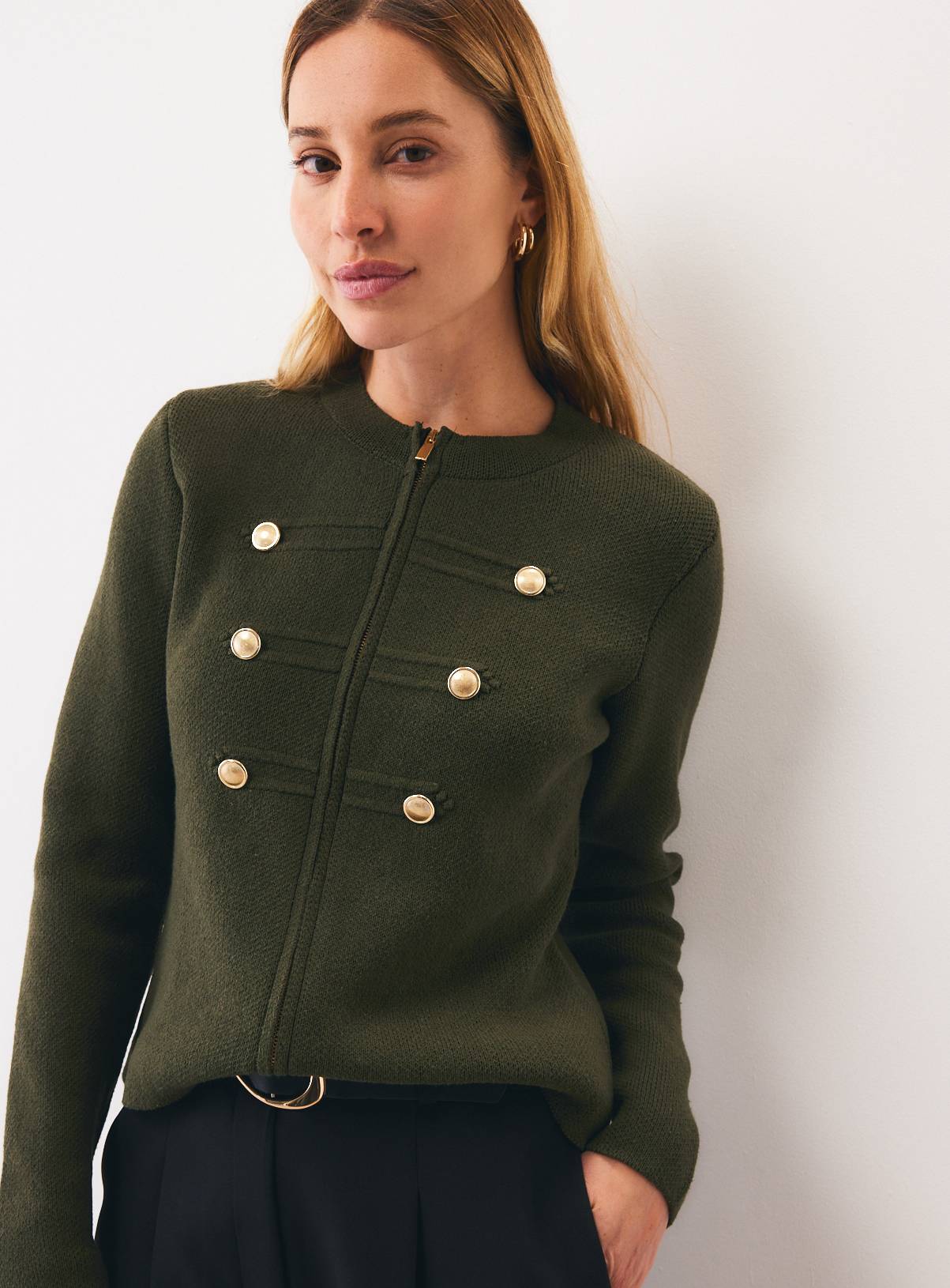 Khaki Knitted Military Jacket L - Image 1