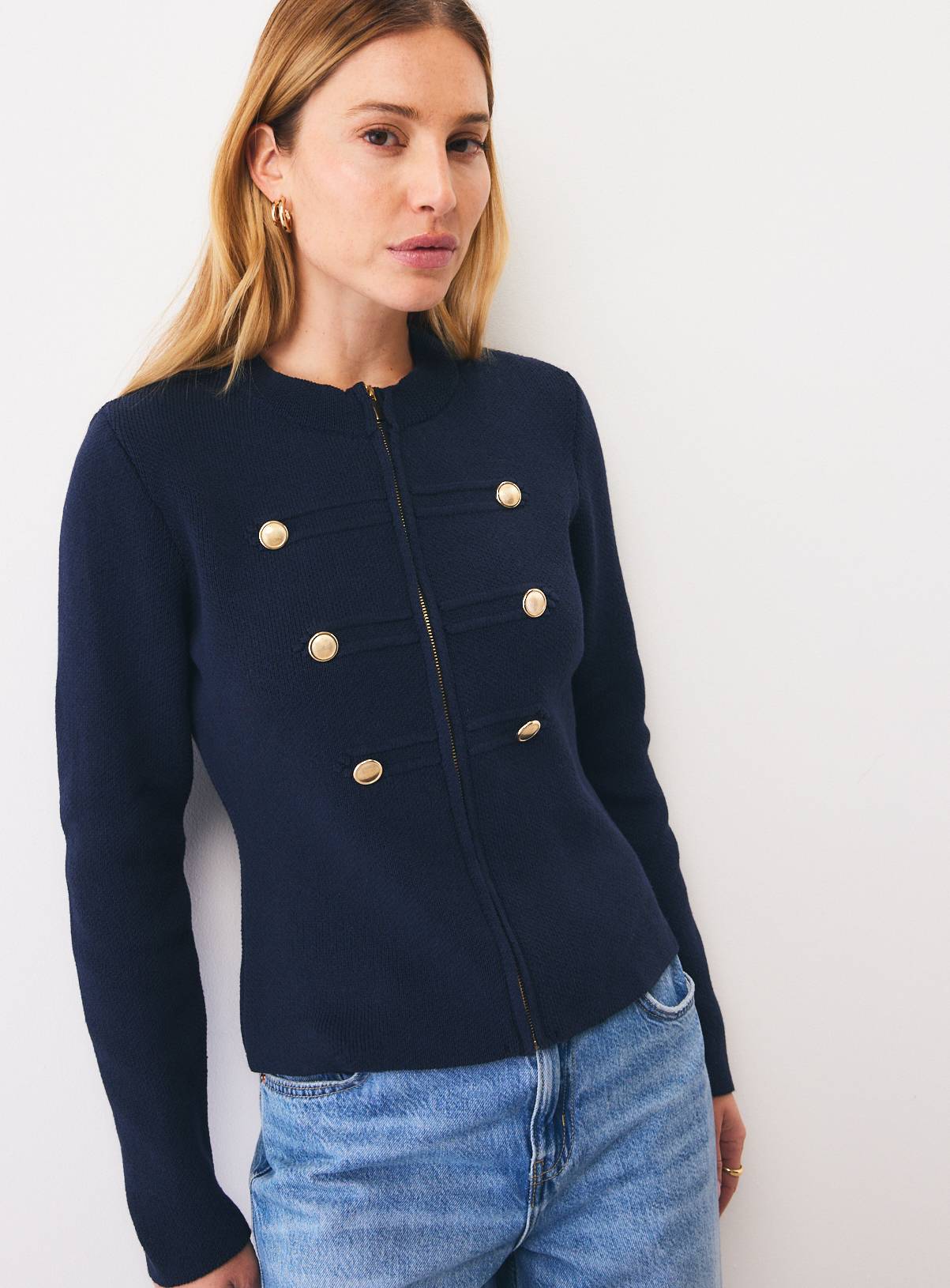Navy Knitted Military Jacket M - Image 2