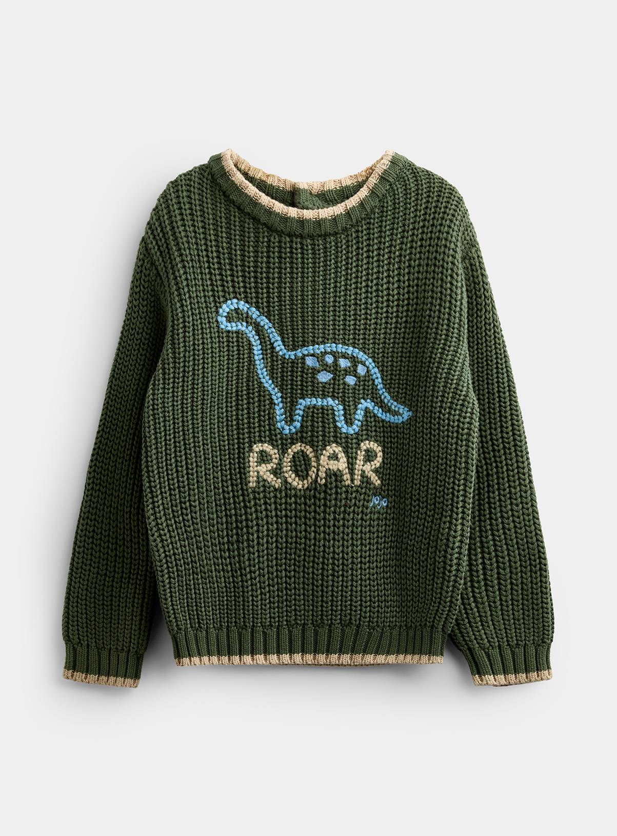JOJO MAMAN BÉBÉ Dino Embroidered Knitted Jumper Khaki Green 18-24 Months - Image 1