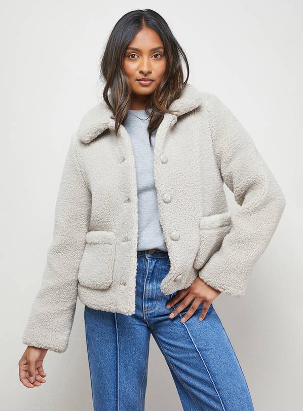 OASIS Teddy Shearling Button Through Short Jacket Stone 6