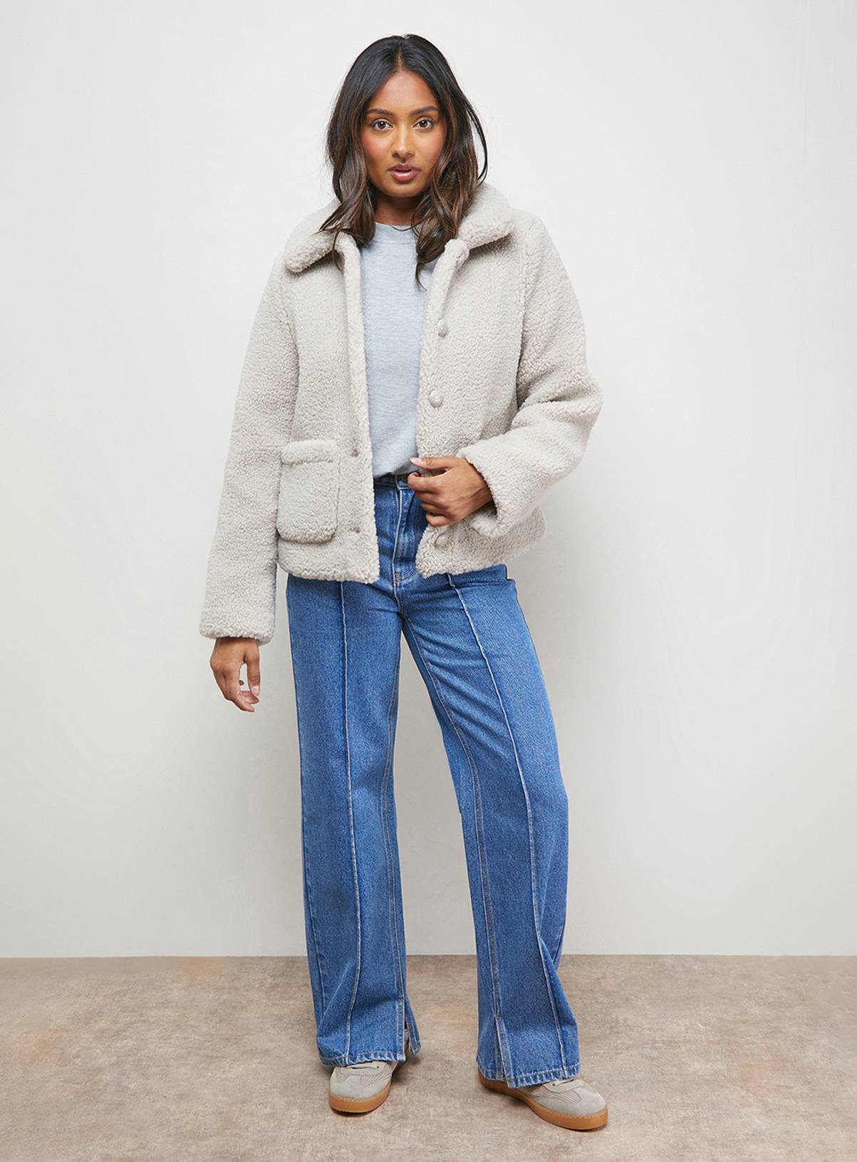 OASIS Teddy Shearling Button Through Short Jacket Stone 16 - Image 2