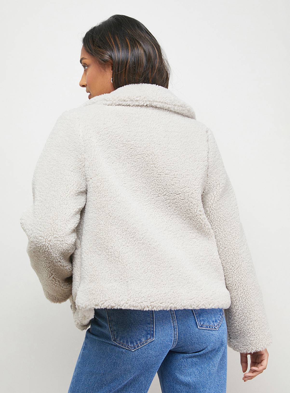OASIS Teddy Shearling Button Through Short Jacket Stone 16 - Image 3