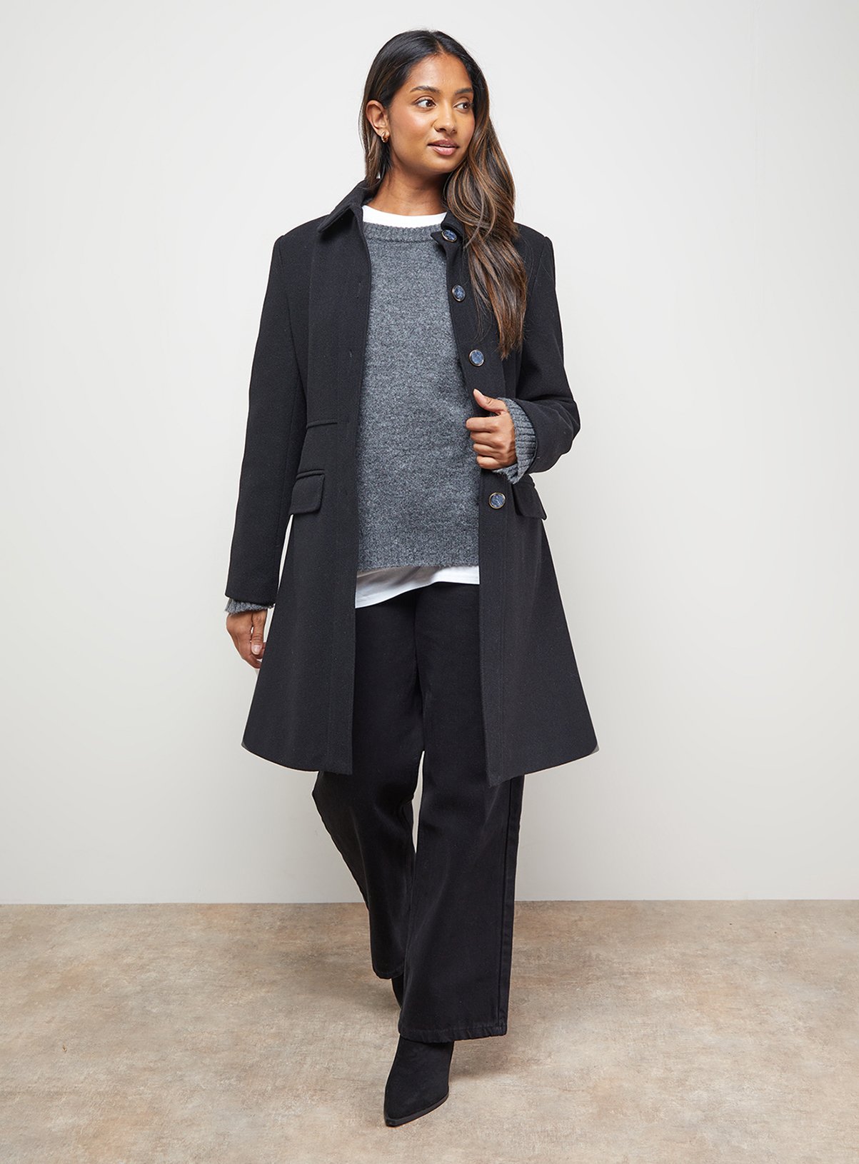 OASIS Faux Wool Button Through Dolly Coat Black 18 - Image 2 thumbnail