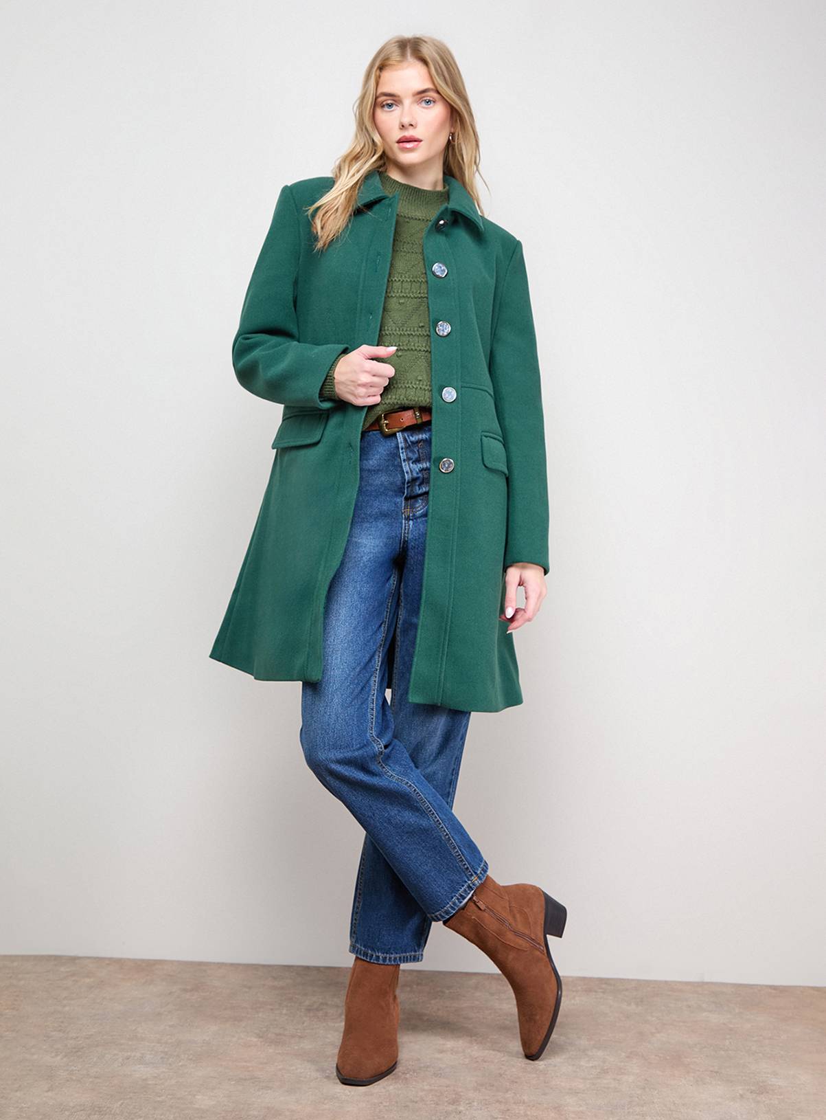 OASIS Faux Wool Button Through Dolly Coat Green 8 - Image 1