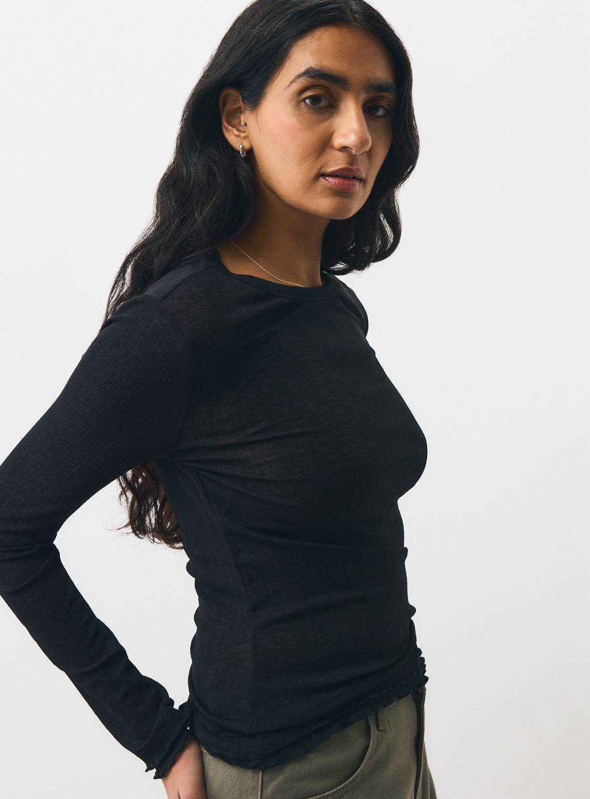 Black Second Skin Mesh Frill Detail Top XL - Image 1