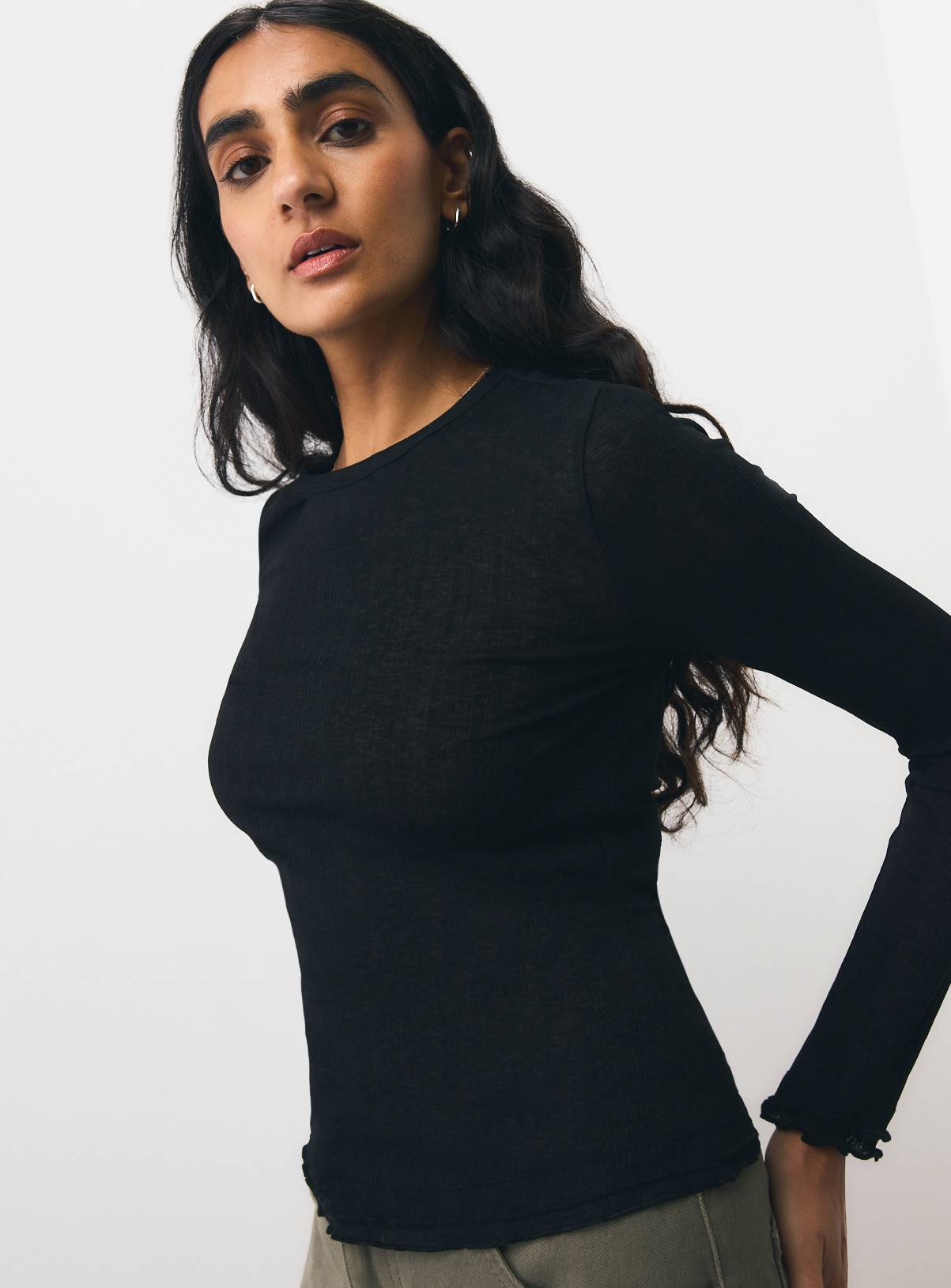 Black Second Skin Mesh Frill Detail Top XL - Image 4