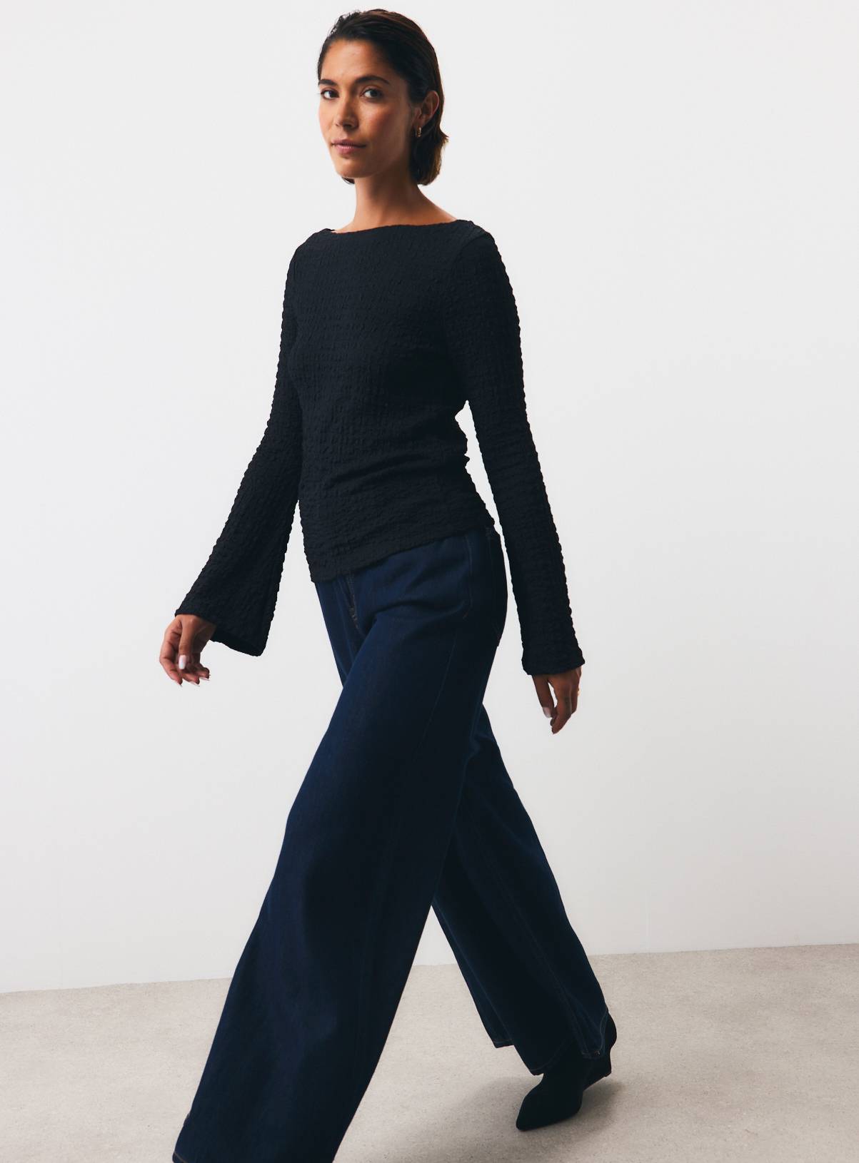 Black Slim Fit Textured Long Sleeve Top XL - Image 3