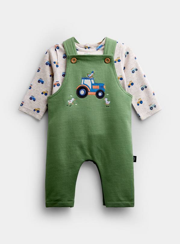 JOJO MAMAN BÉBÉ Tractor Jersey Dungaree Set Mid Green 6-12 months