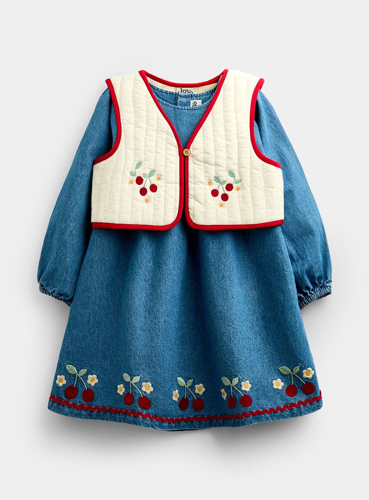 JOJO MAMAN BÉBÉ Embroidered Denim Dress and Quilted Gilet Mid Wash Denim 2-3 Years - Image 2