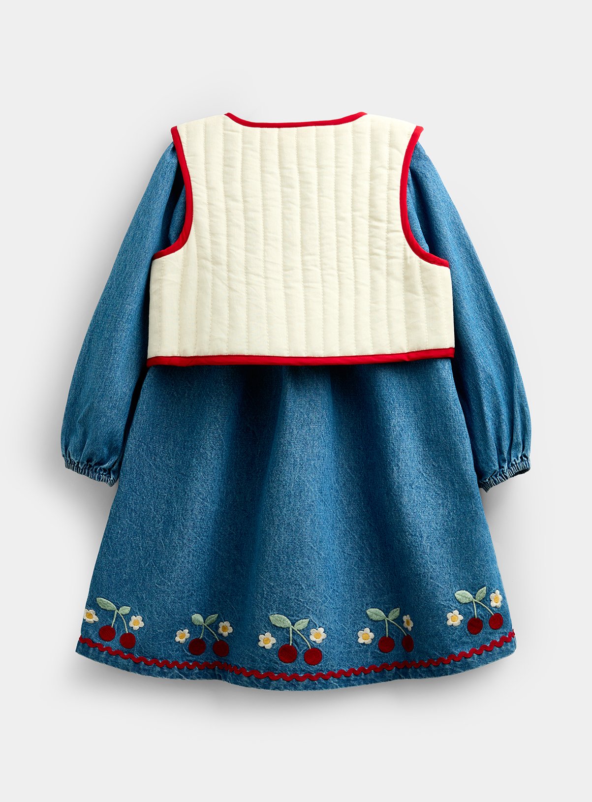 JOJO MAMAN BÉBÉ Embroidered Denim Dress and Quilted Gilet Mid Wash Denim 2-3 Years - Image 3 thumbnail