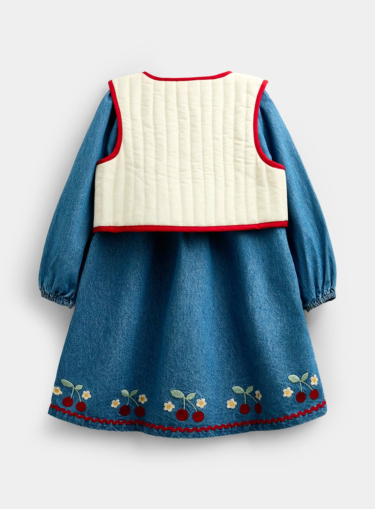 JOJO MAMAN BÉBÉ Embroidered Denim Dress and Quilted Gilet Mid Wash Denim 2-3 Years - Image 3