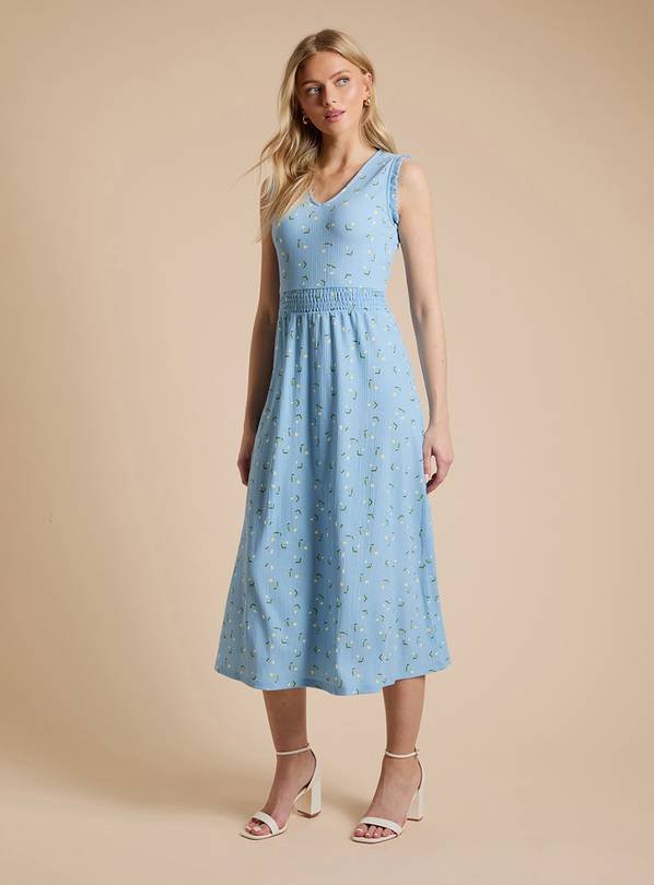DOROTHY PERKINS Blue Ditsy Frill Neck Shirred Waist Printed Jersey Midi Dress 14