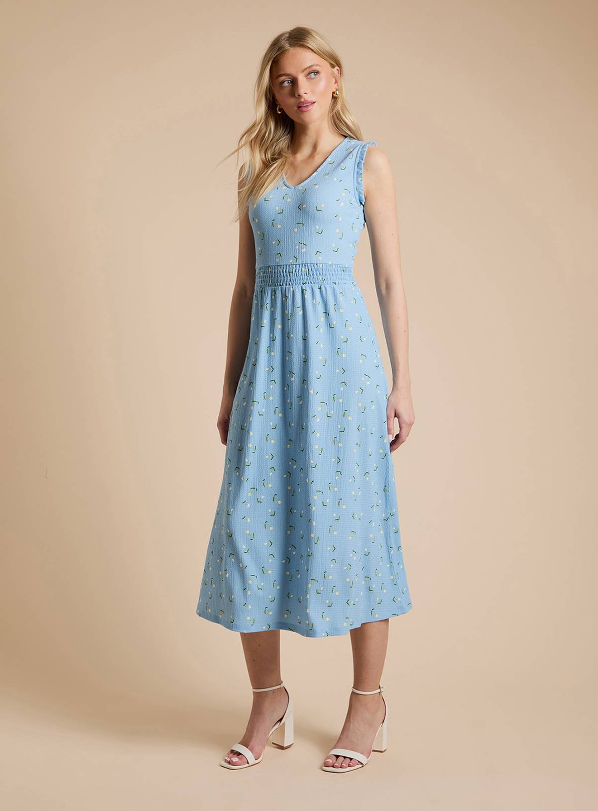 DOROTHY PERKINS Blue Ditsy Frill Neck Shirred Waist Printed Jersey Midi Dress 12 - Image 1