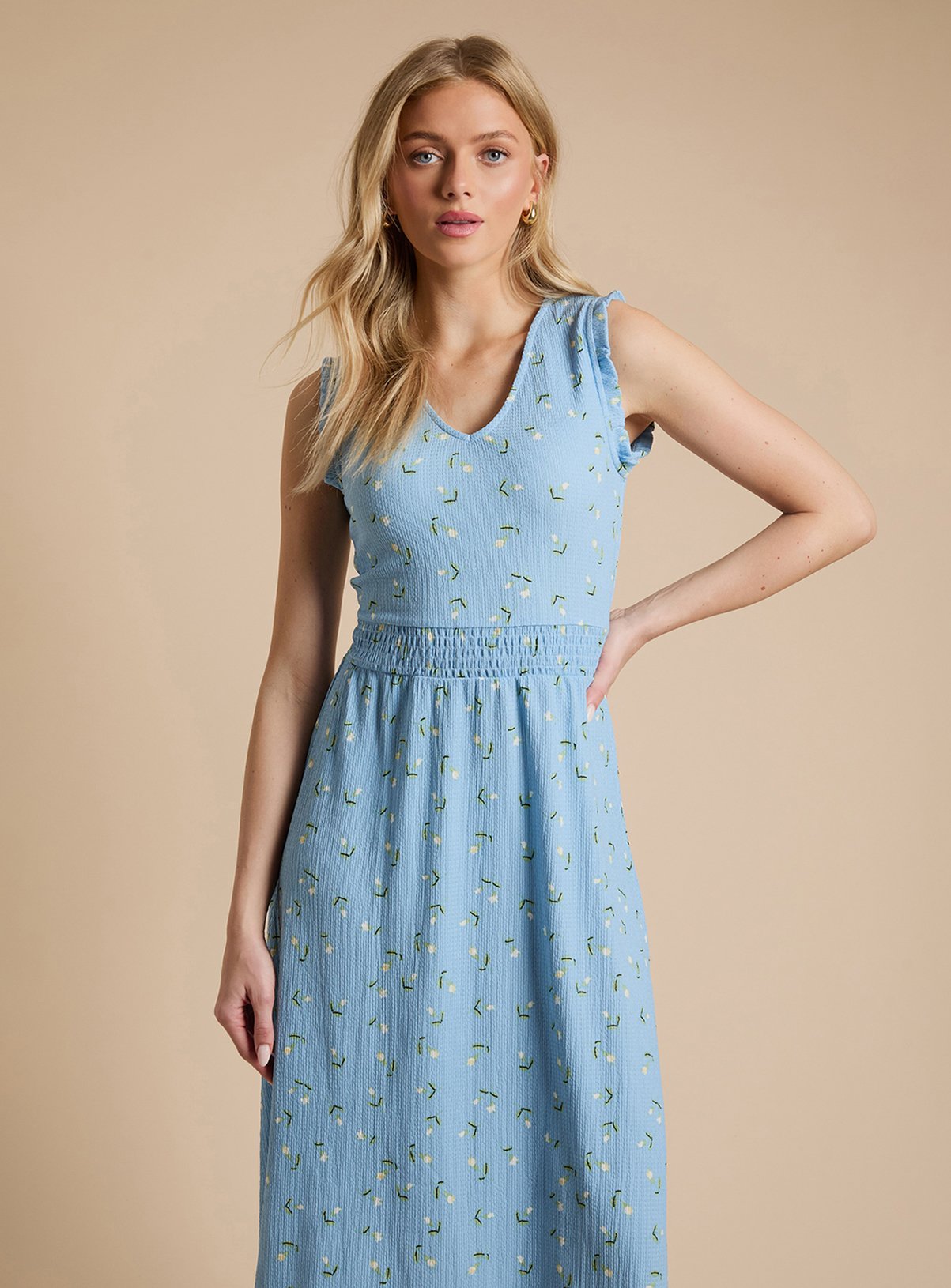 DOROTHY PERKINS Blue Ditsy Frill Neck Shirred Waist Printed Jersey Midi Dress 12 - Image 2 thumbnail