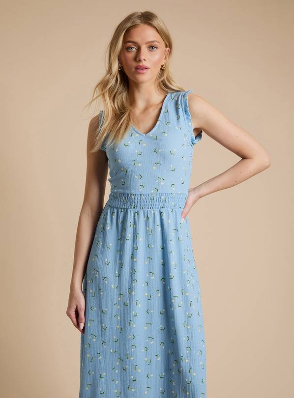 Buy DOROTHY PERKINS Blue Ditsy Frill Neck Shirred Waist Printed Jersey Midi Dress 10 | Midi dresses