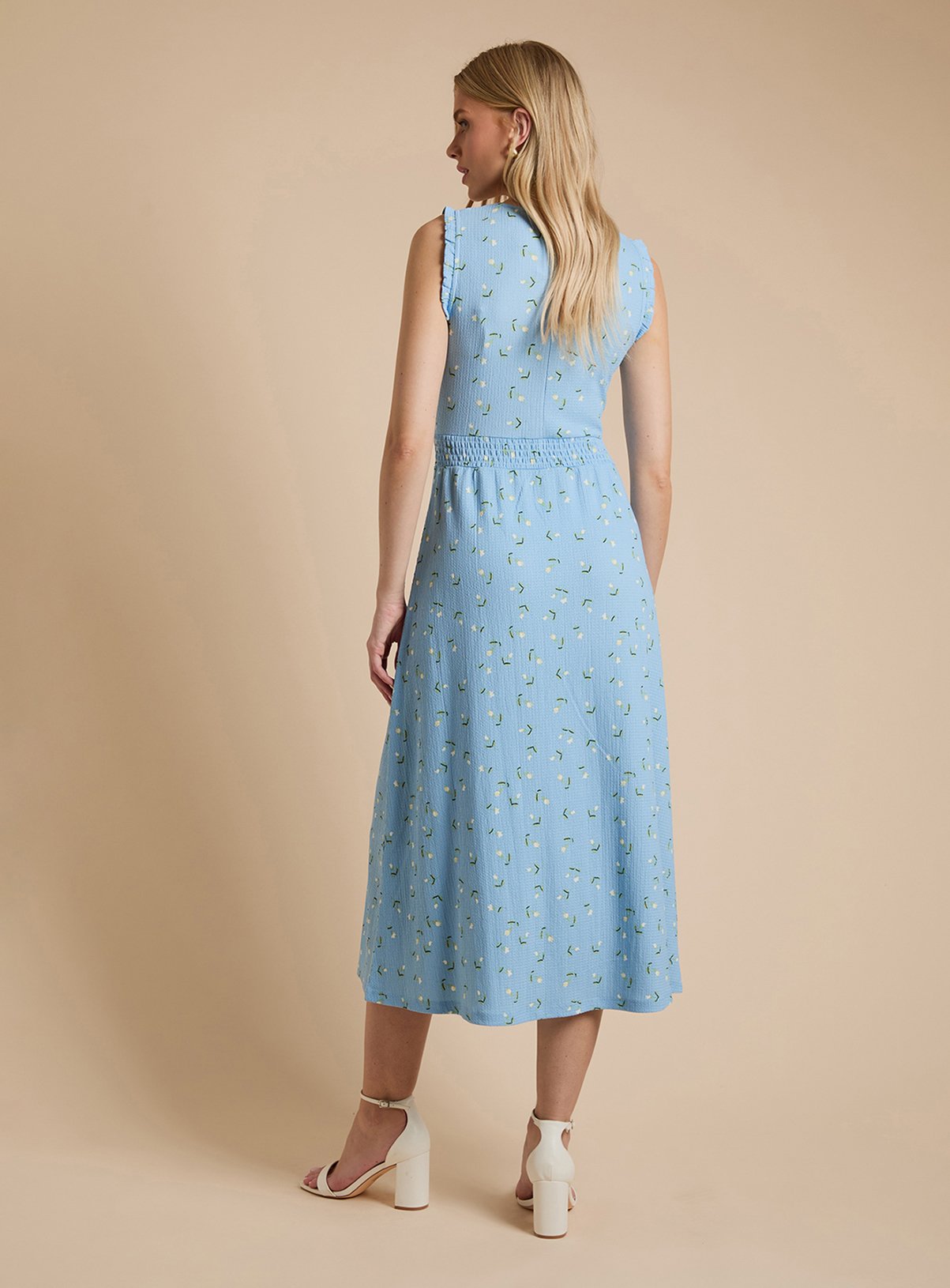 DOROTHY PERKINS Blue Ditsy Frill Neck Shirred Waist Printed Jersey Midi Dress 12 - Image 3 thumbnail