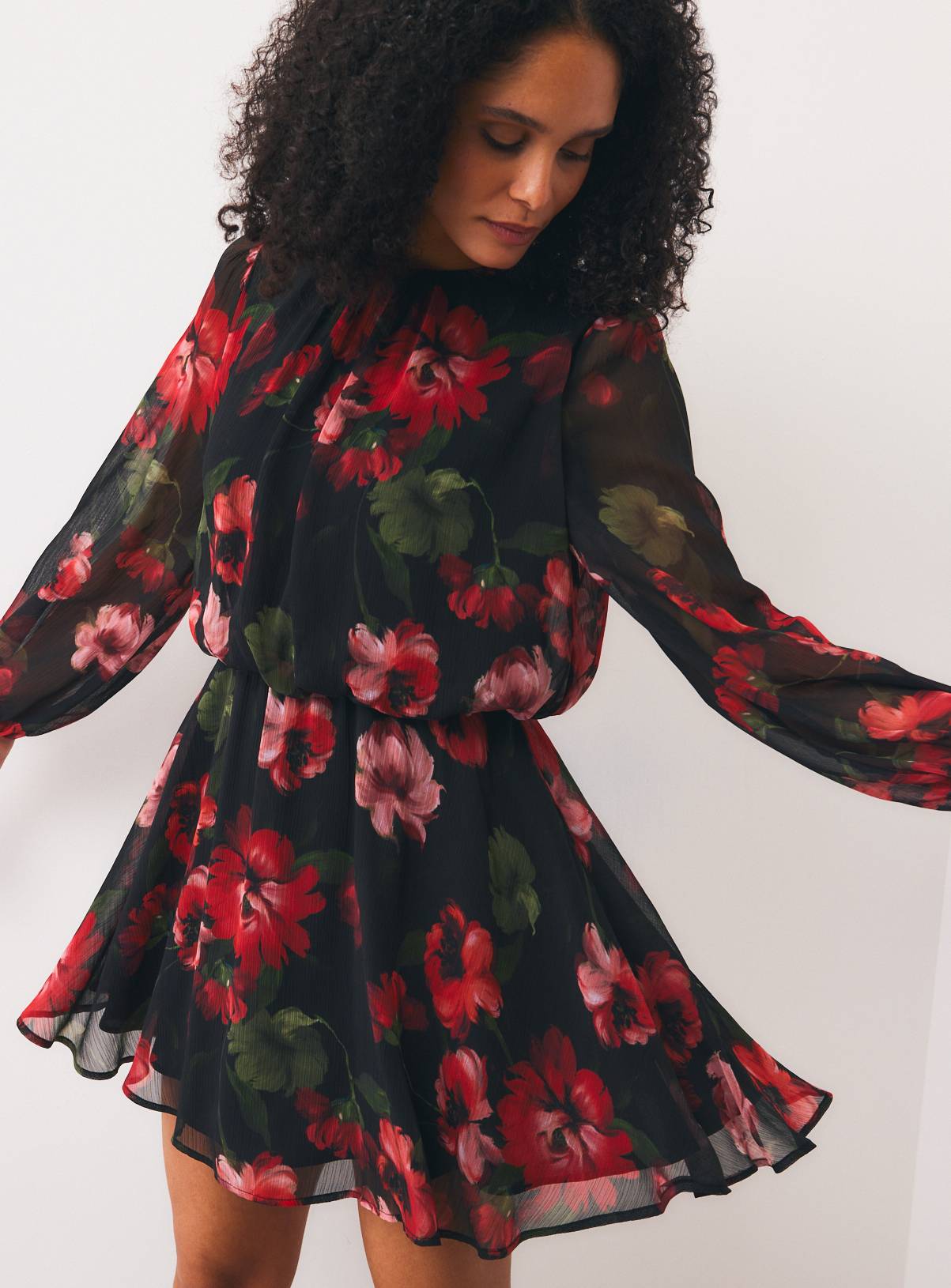 Red Floral Chiffon Mini Dress 6 - Image 1