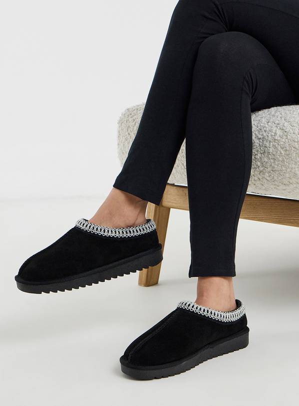 SIMPLY BE Suede Embroidery Full Mule Slipper Wide Fit Black 7