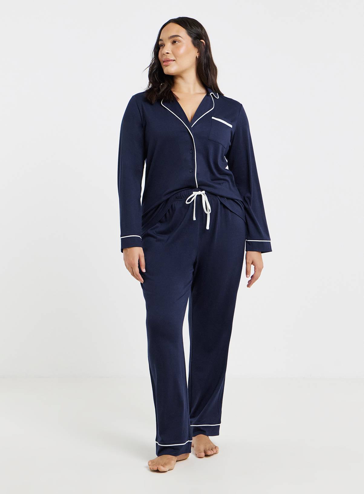 SIMPLY BE Viscose Blend Revere Pyjama Set Navy 32-34 - Image 1