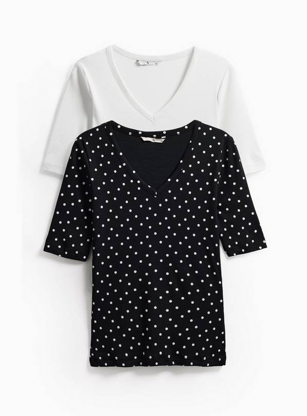Black Spotted Ribbed Modal V-Neck Tops 2 Pack 24