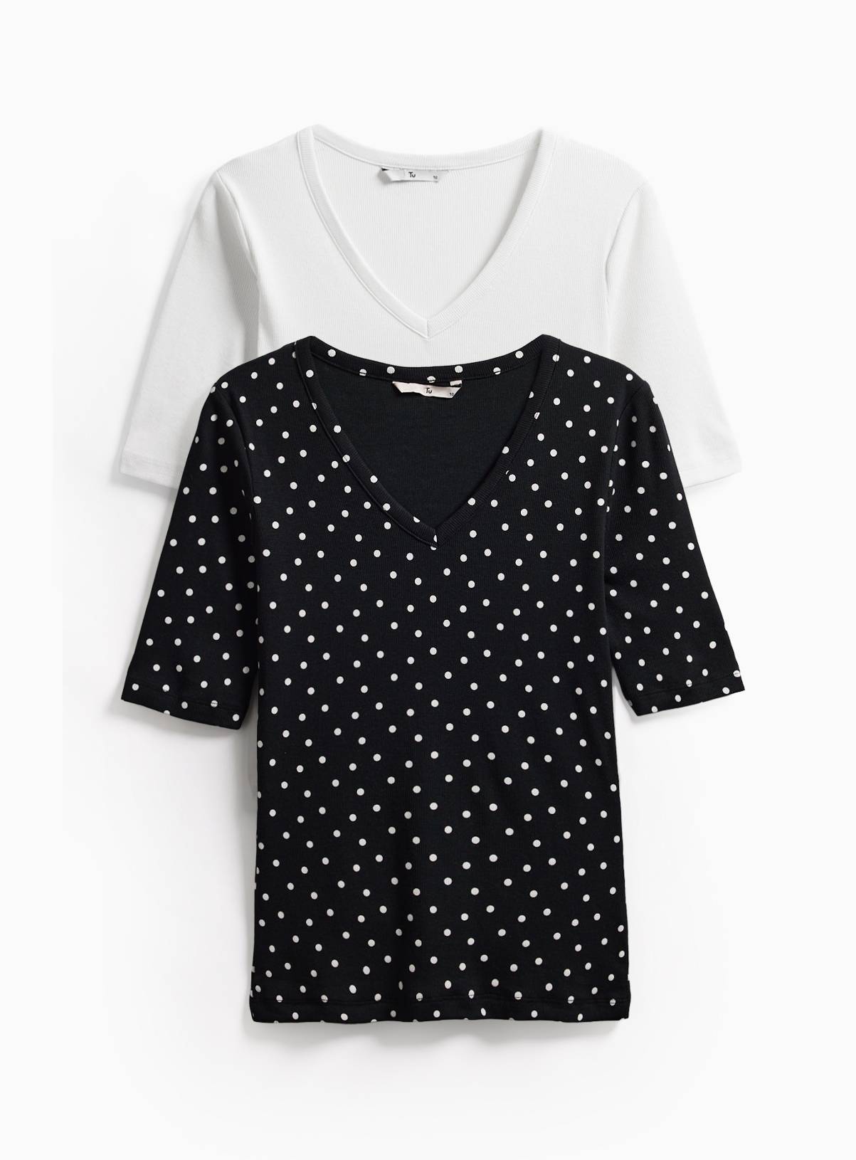 Black Spotted Ribbed Modal V-Neck Tops 2 Pack 16 - Image 1