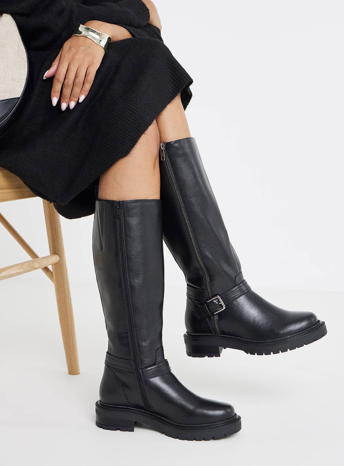 SIMPLY BE Zip Knee High Leather Boots Wide Fit Black 4 - Image 1