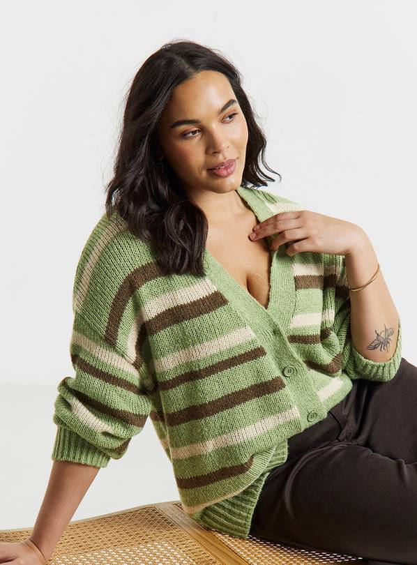 SIMPLY BE Fluffy Green Stripe Boyfriend Cardigan With Wool 28-30