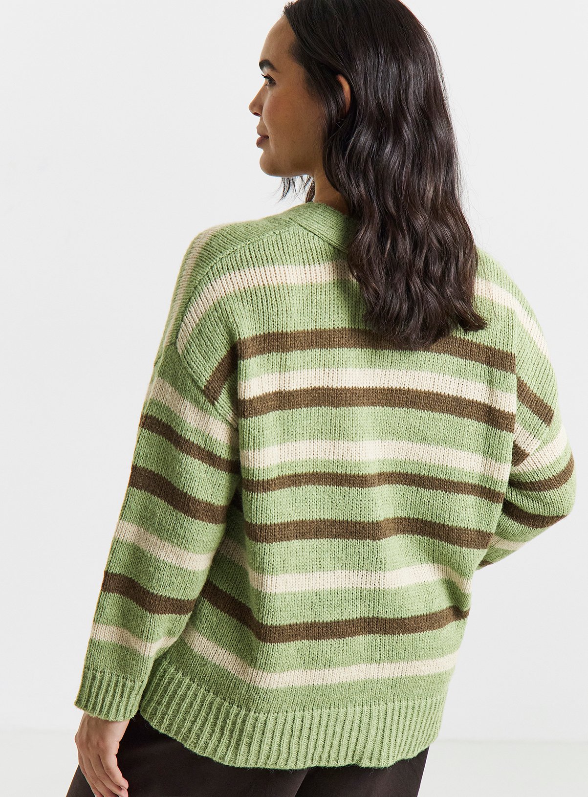 SIMPLY BE Fluffy Green Stripe Boyfriend Cardigan With Wool 12-14 - Image 2 thumbnail