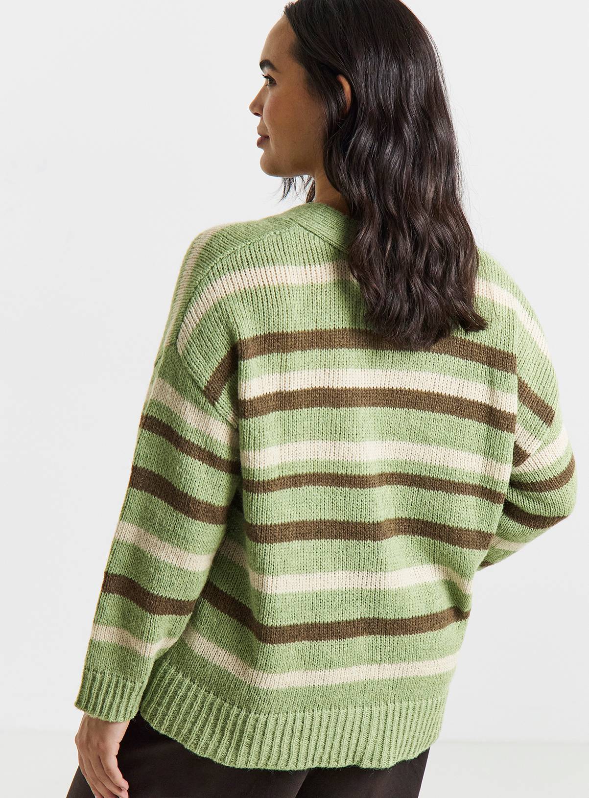 SIMPLY BE Fluffy Green Stripe Boyfriend Cardigan With Wool 12-14 - Image 2