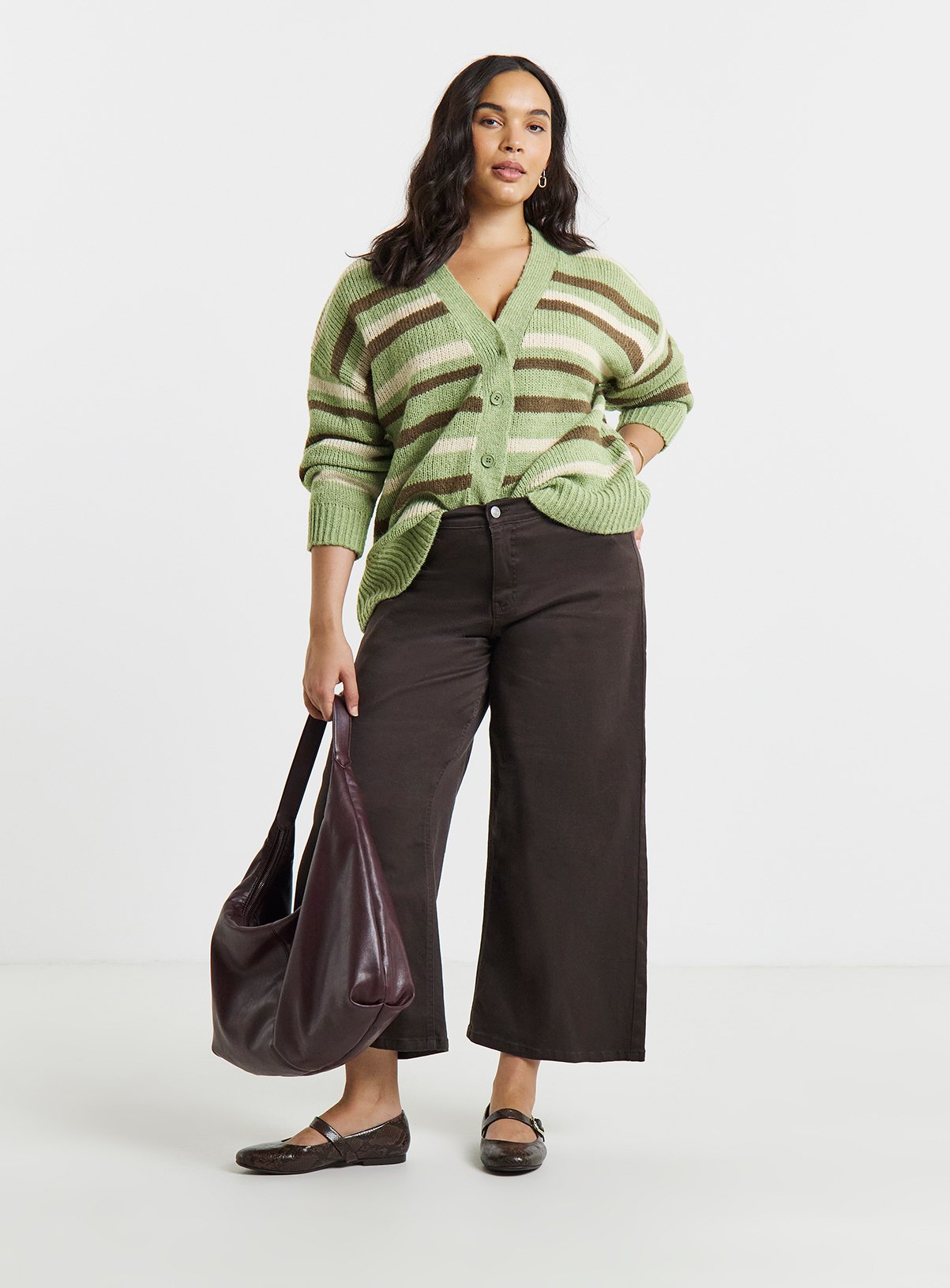 SIMPLY BE Fluffy Green Stripe Boyfriend Cardigan With Wool 12-14 - Image 3 thumbnail