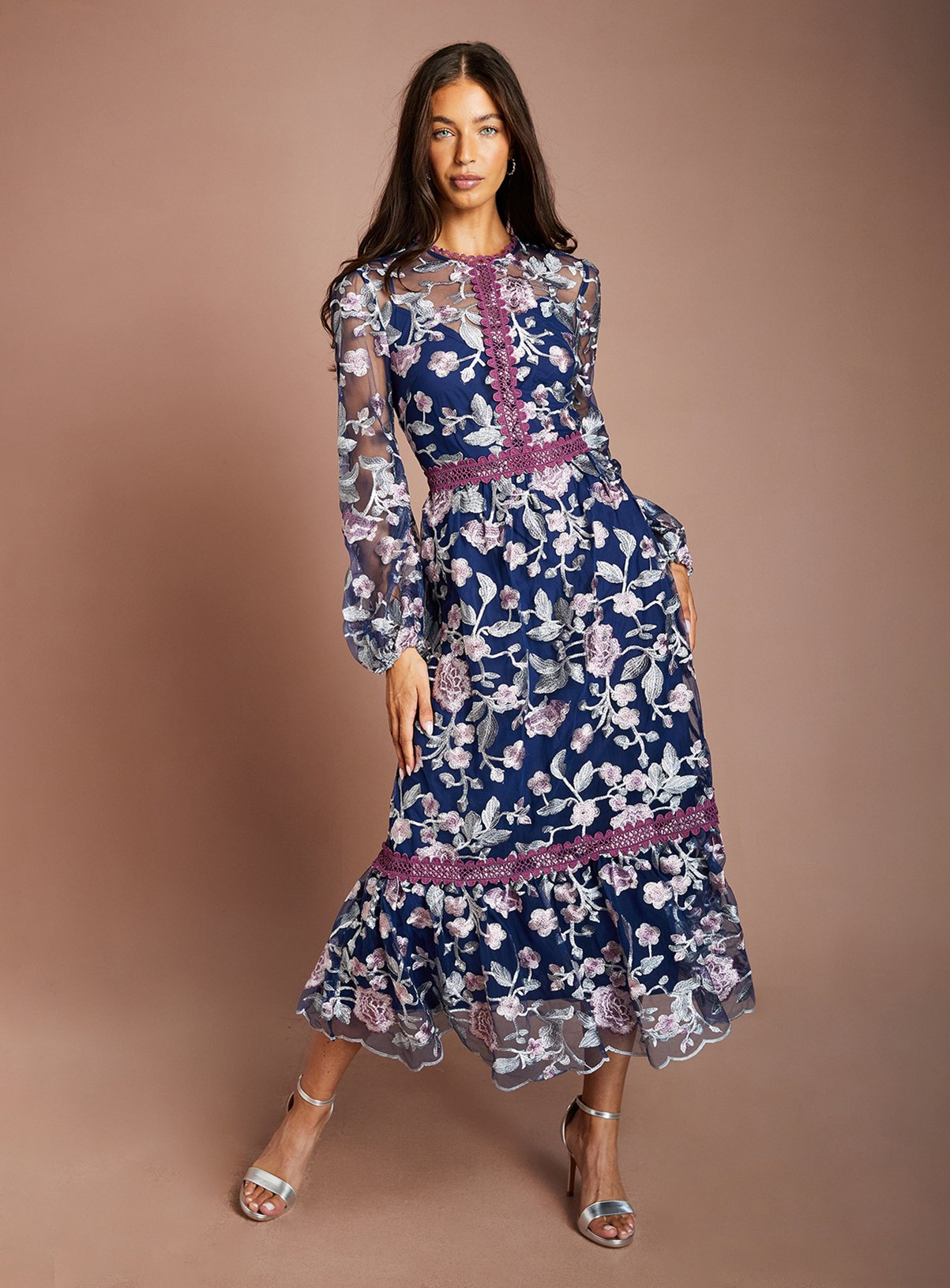 COAST Embroidered Mesh Long Sleeve Midi Dress 10 - Image 1 thumbnail