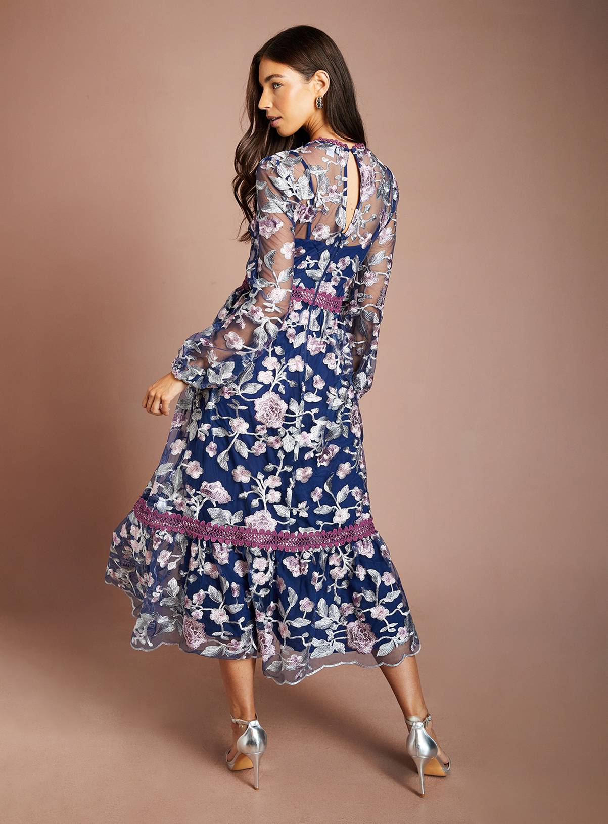COAST Embroidered Mesh Long Sleeve Midi Dress 10 - Image 3