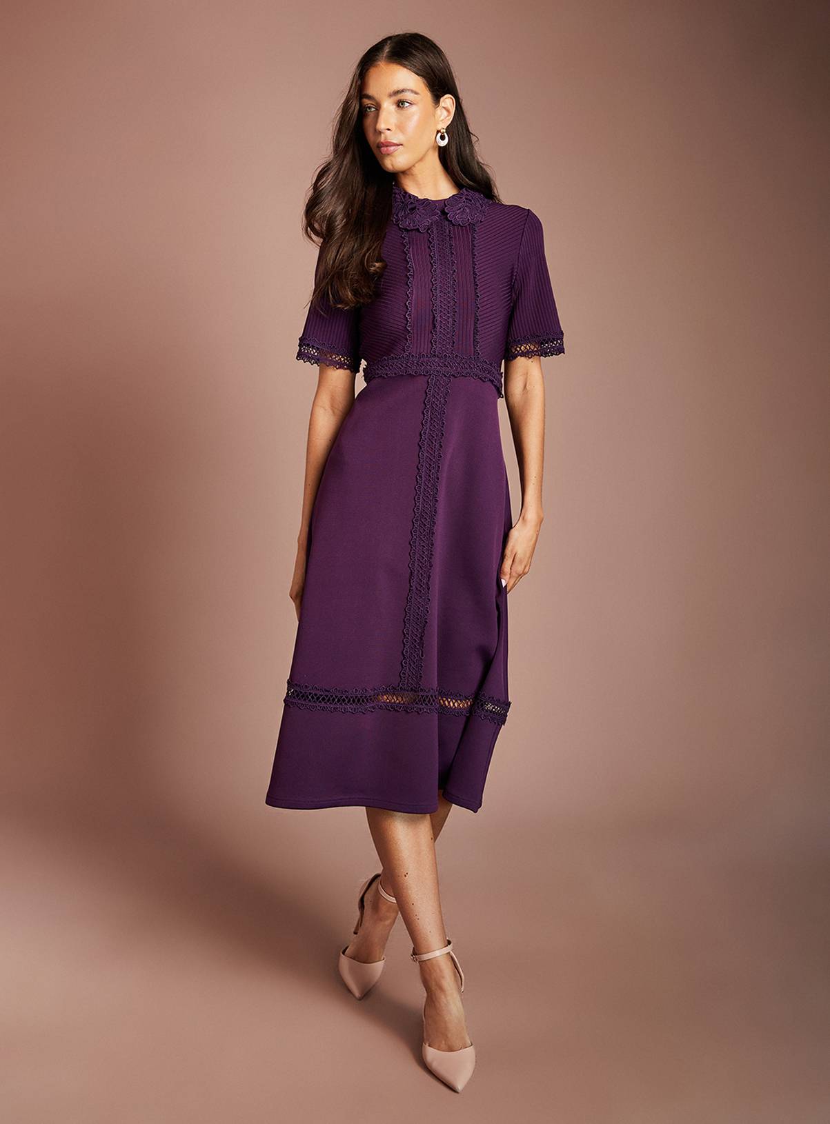 COAST Bandage Short Sleeve Lace Trim Collared Midi Dress 8 - Image 1