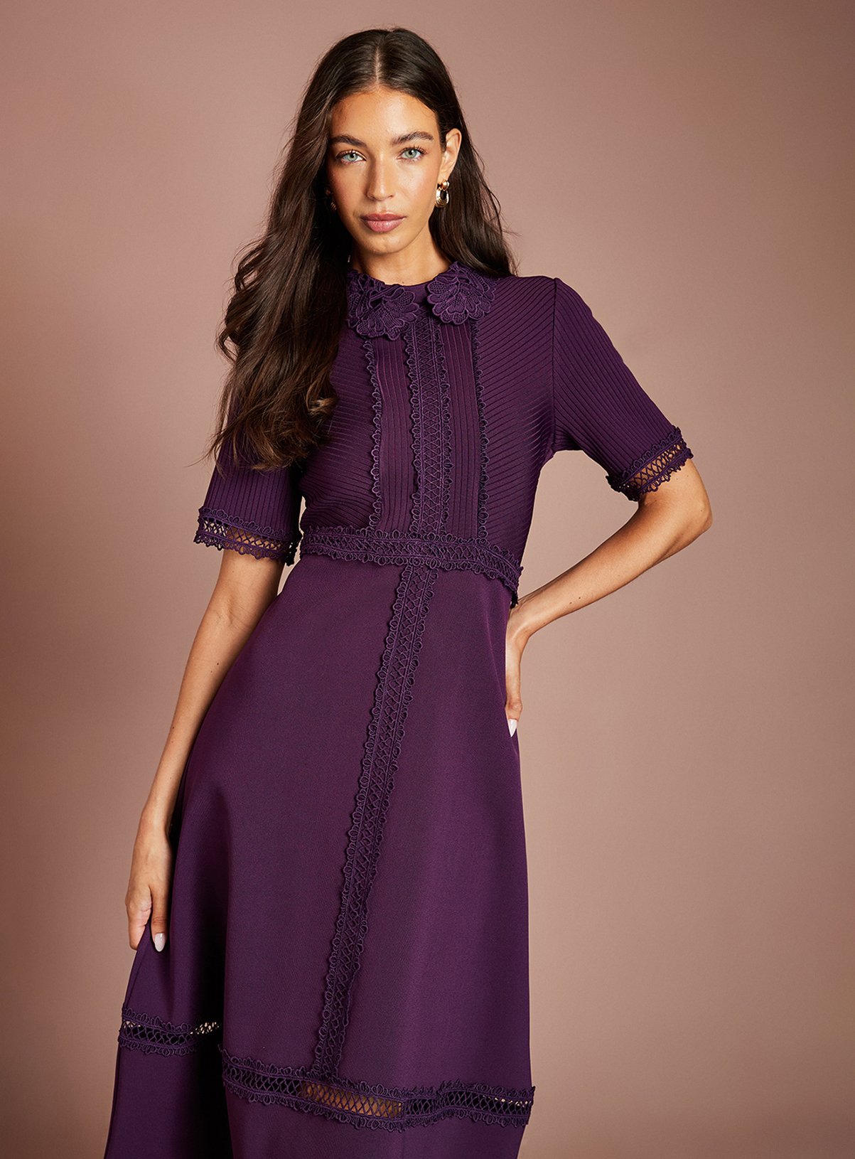 COAST Bandage Short Sleeve Lace Trim Collared Midi Dress 8 - Image 2 thumbnail
