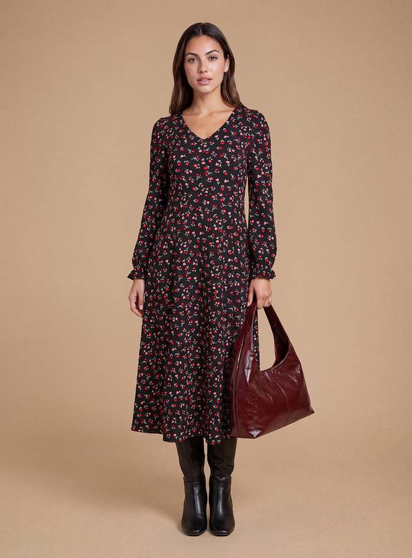 DOROTHY PERKINS Petite Black Floral V Neck Jersey Midi Dress 8