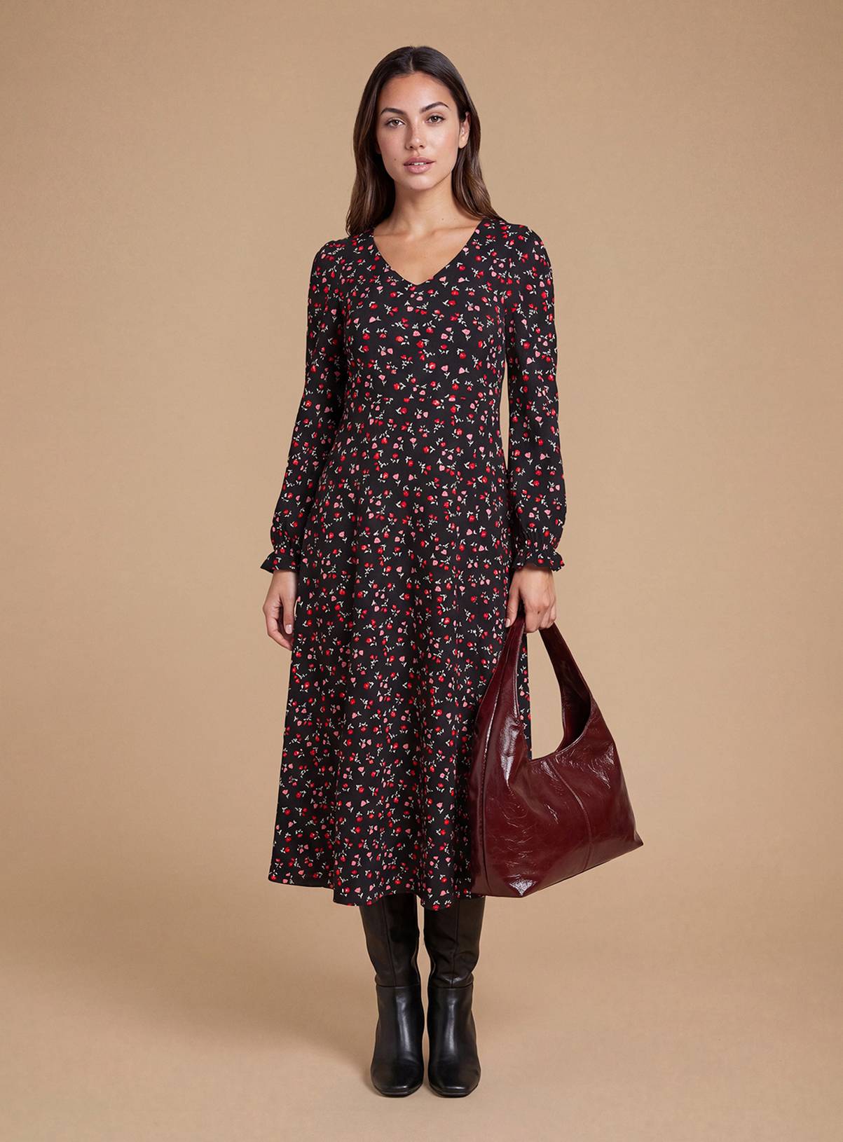 DOROTHY PERKINS Petite Black Floral V Neck Jersey Midi Dress 8 - Image 1