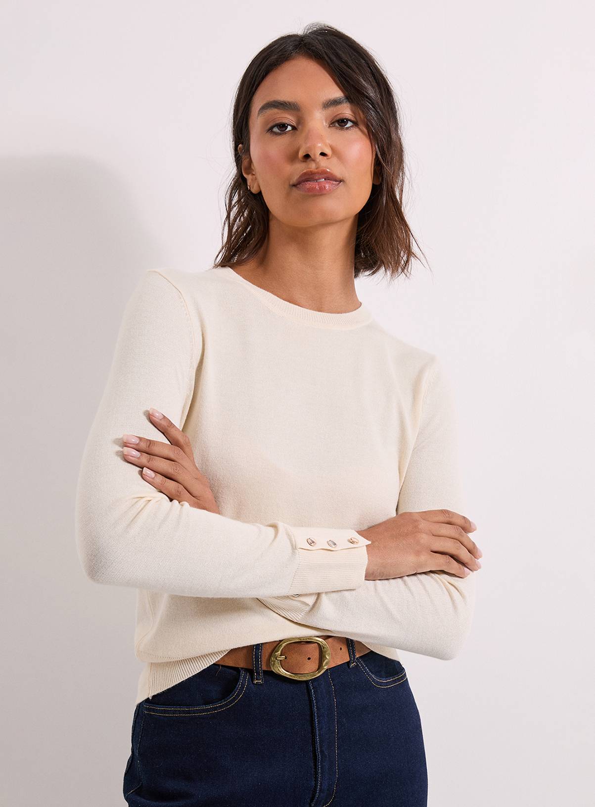 DOROTHY PERKINS Ivory Crew Neck Button Cuff Jumper S - Image 1