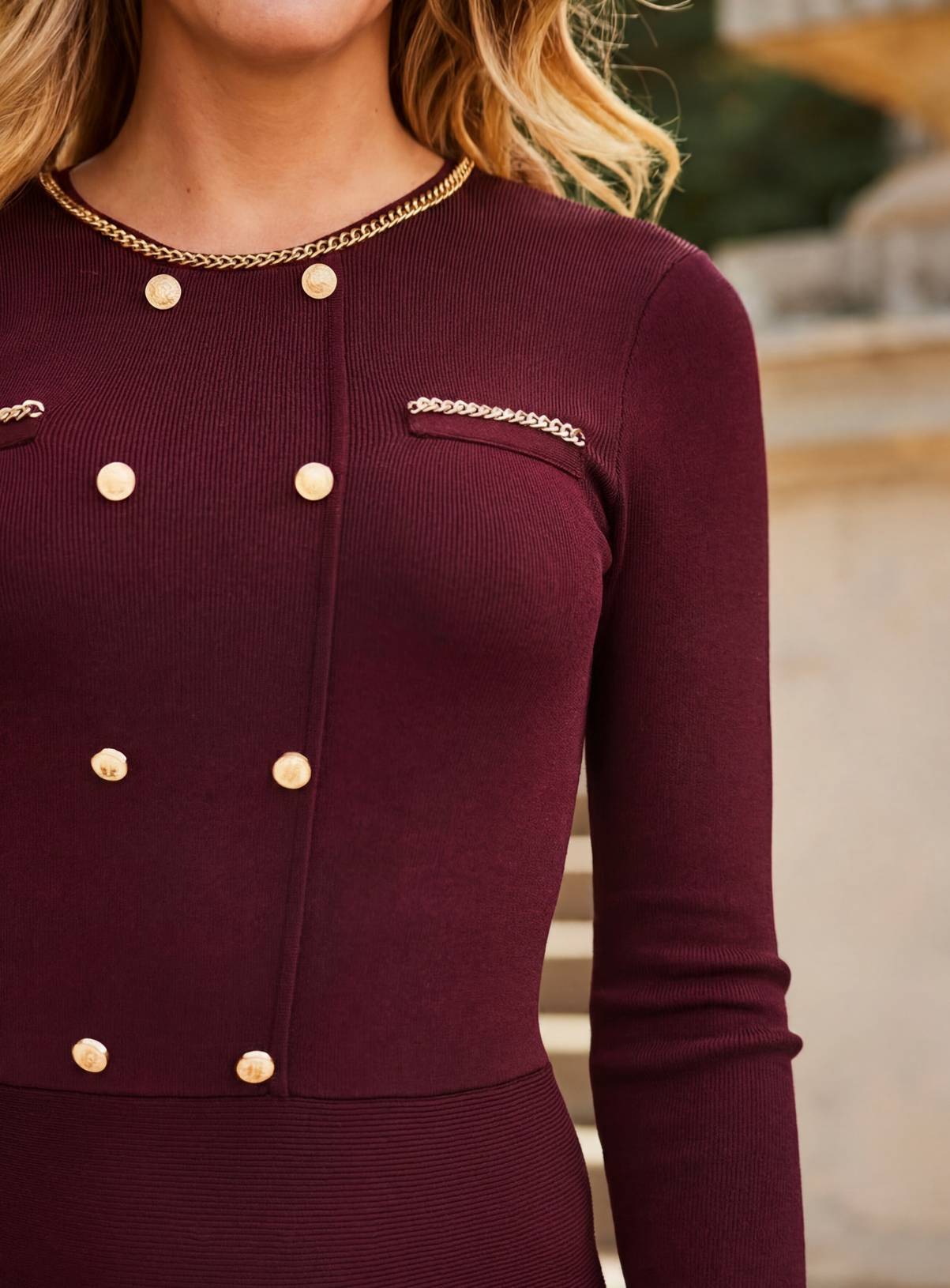 SOSANDAR Burgundy Button and Chain Detail Fit and Flare Knitted Dress 10 - Image 3