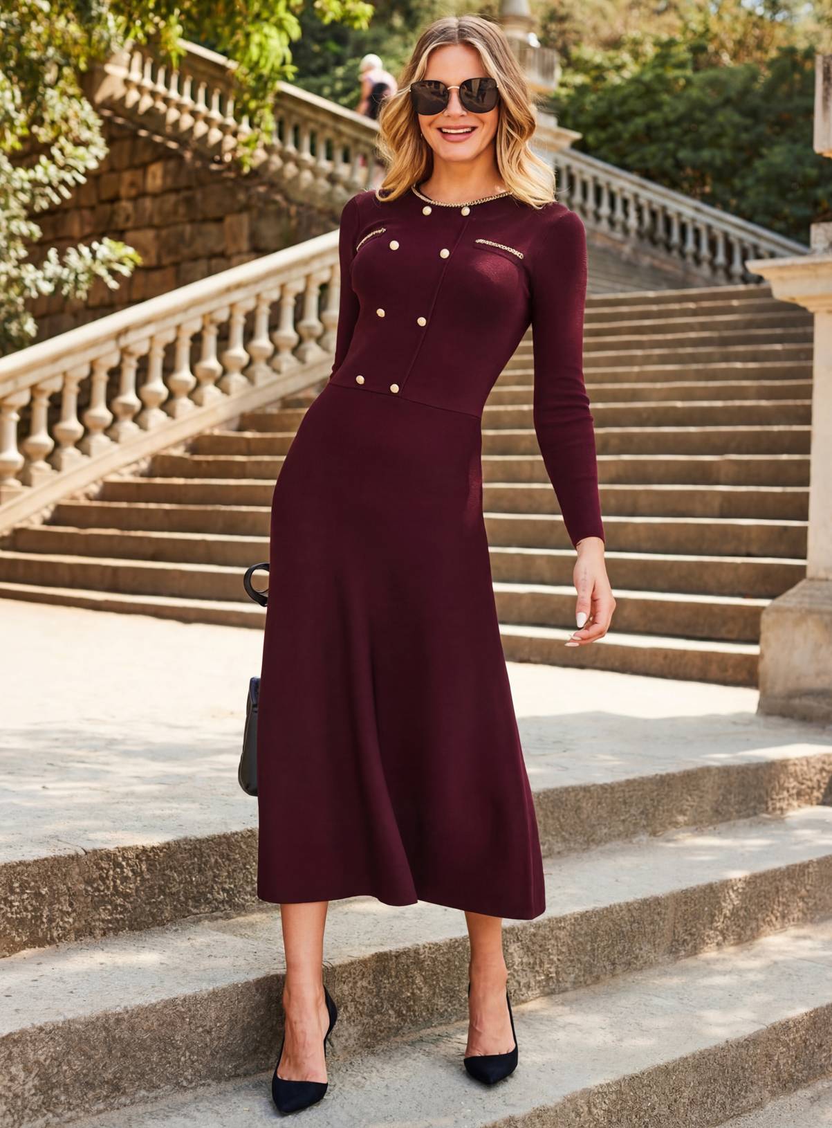SOSANDAR Burgundy Button and Chain Detail Fit and Flare Knitted Dress 10 - Image 5