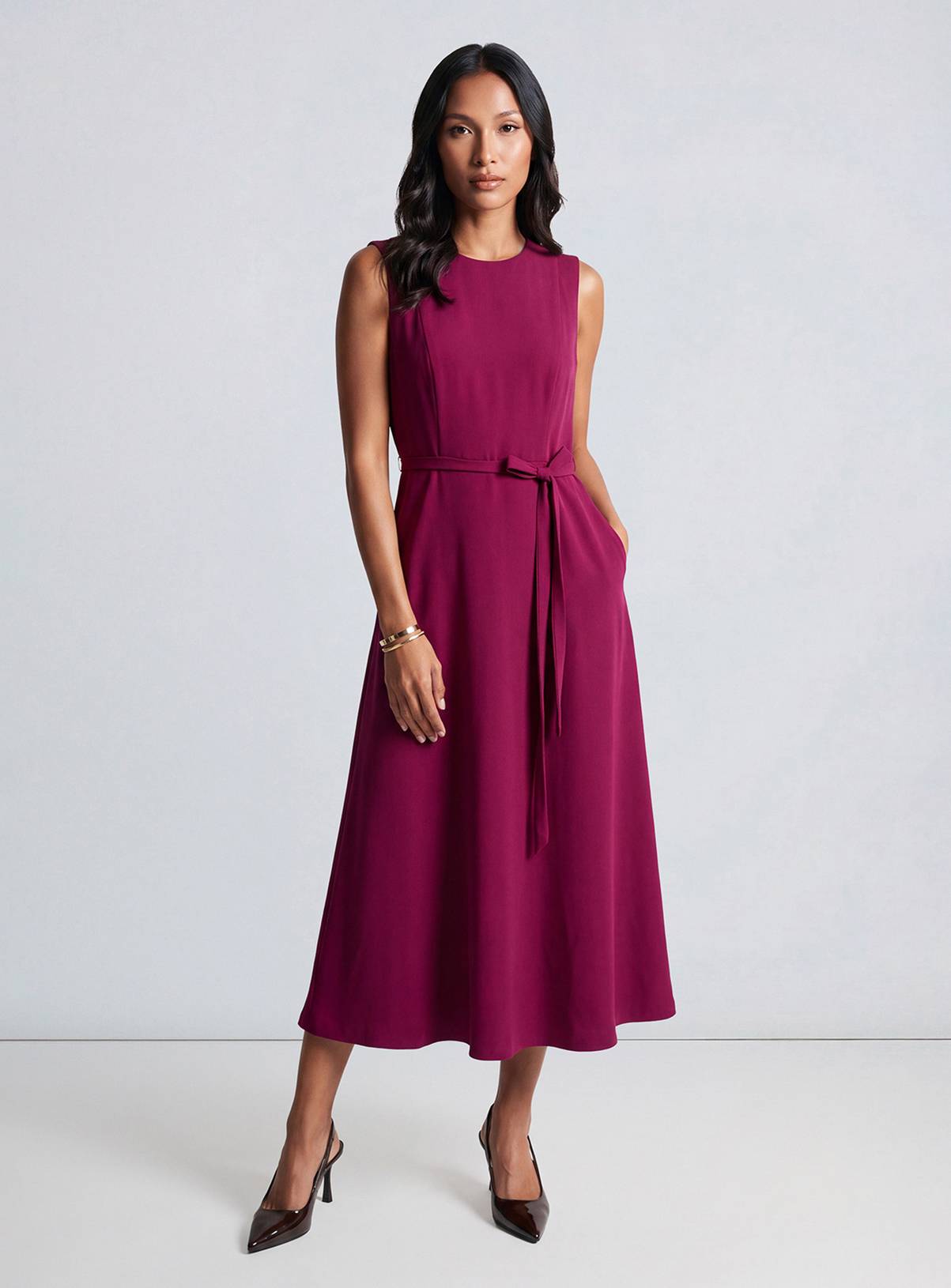 PRINCIPLES Signature Crepe Draped Bodice Fit and Flare Midi Dress 20 - Image 1