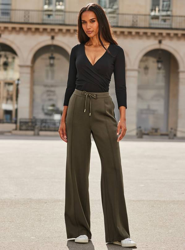 SOSANDAR Khaki Green Side Stripe Wide Leg Trouser 12