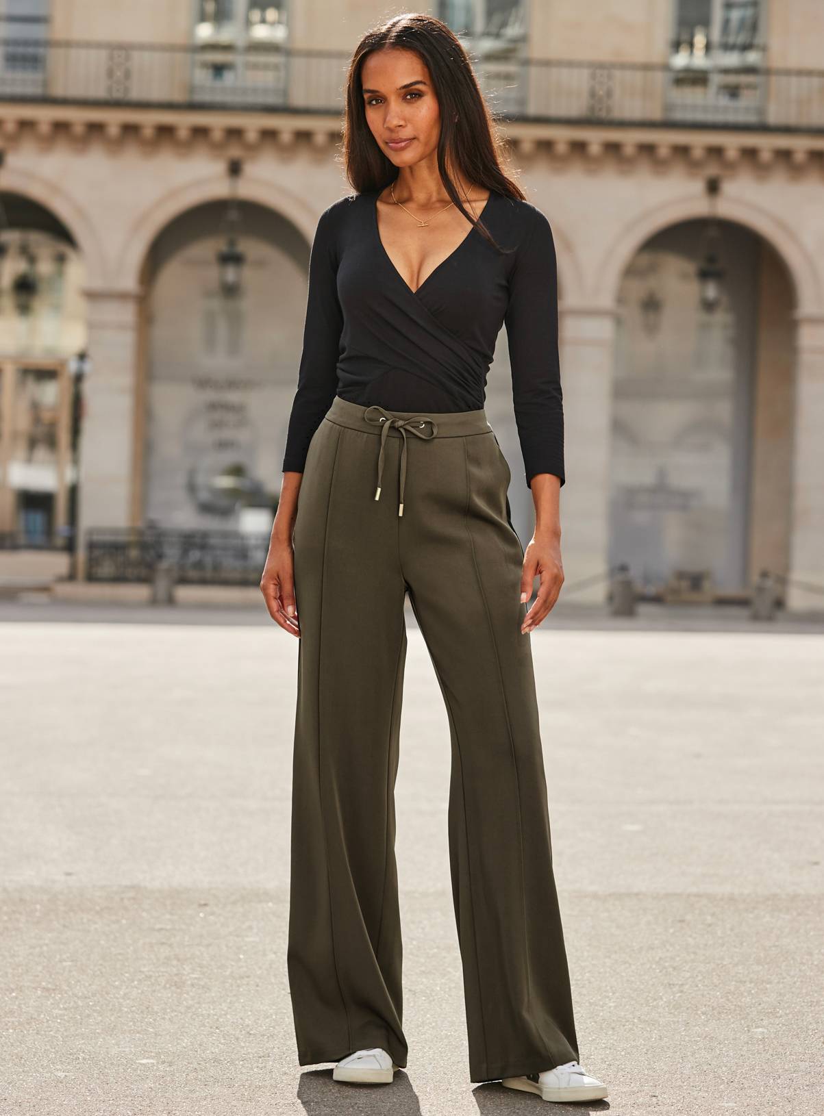 SOSANDAR Khaki Green Side Stripe Wide Leg Trouser 6 - Image 1