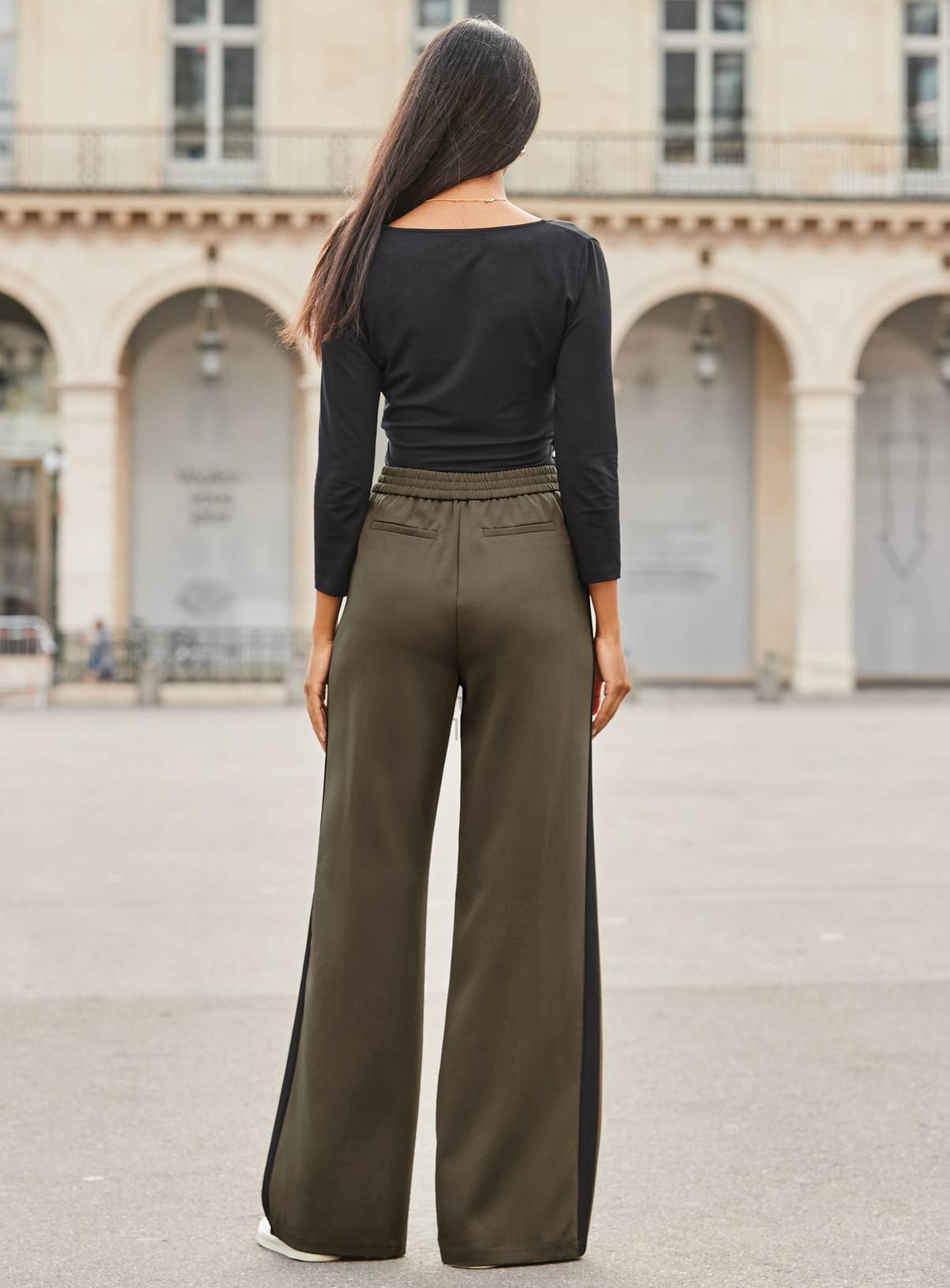 SOSANDAR Khaki Green Side Stripe Wide Leg Trouser 6 - Image 4