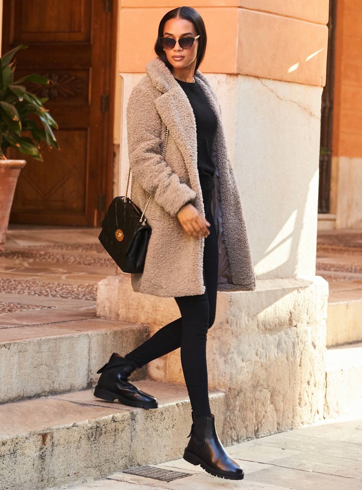 SOSANDAR Taupe Super Cosy Borg Coat 18 - Image 5