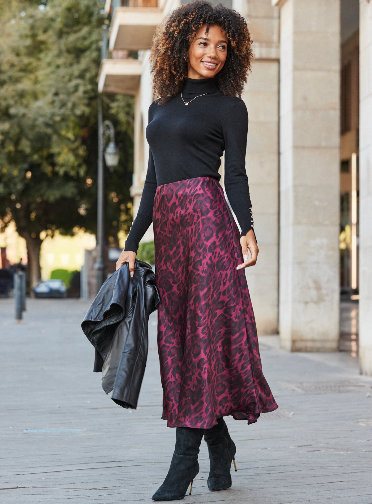 SOSANDAR Burgundy Leopard Print Satin Skirt 14 - Image 3 thumbnail