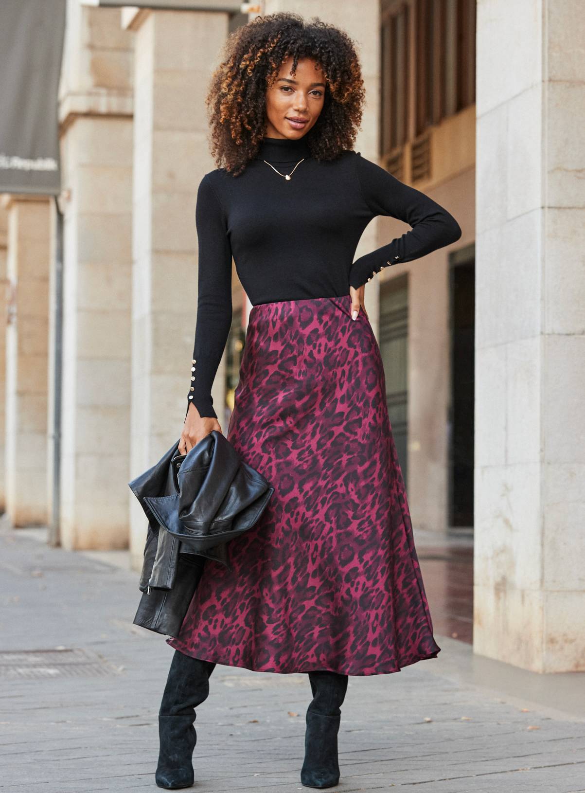 SOSANDAR Burgundy Leopard Print Satin Skirt 14 - Image 5