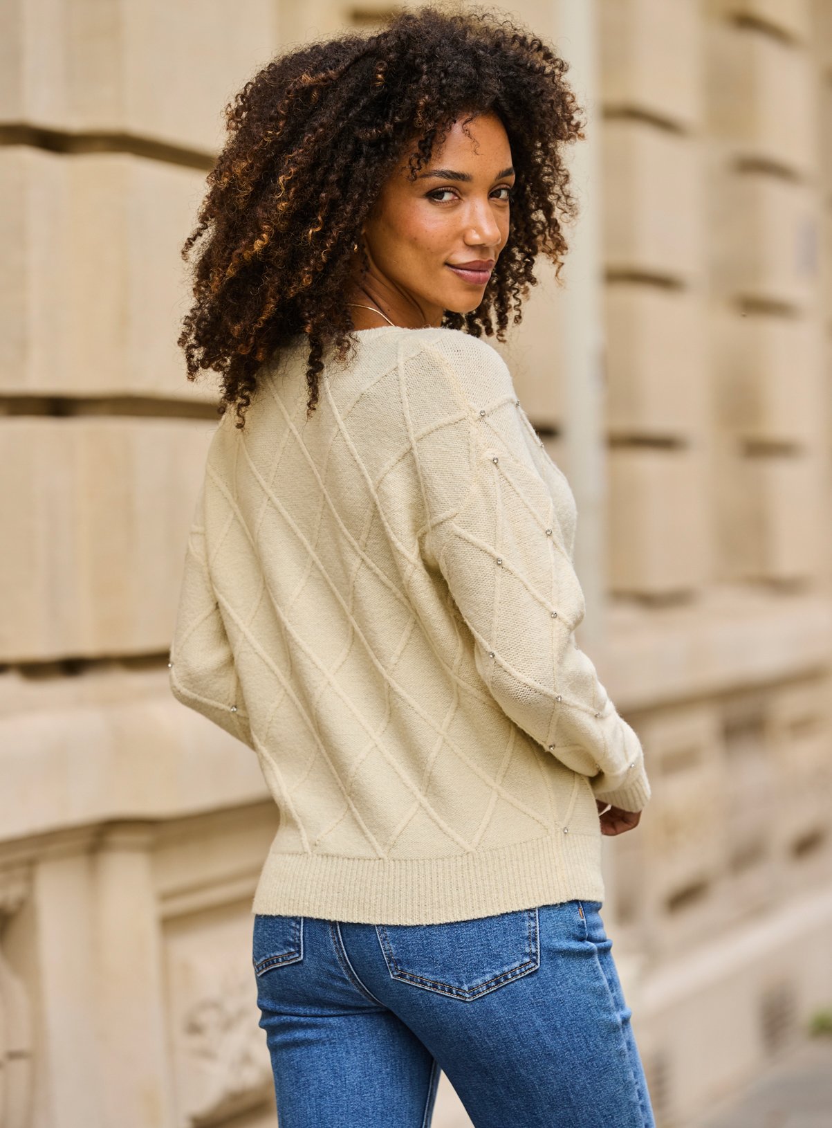 SOSANDAR Buttermilk Pointelle Diamante Embellished Jumper 18 - Image 3 thumbnail