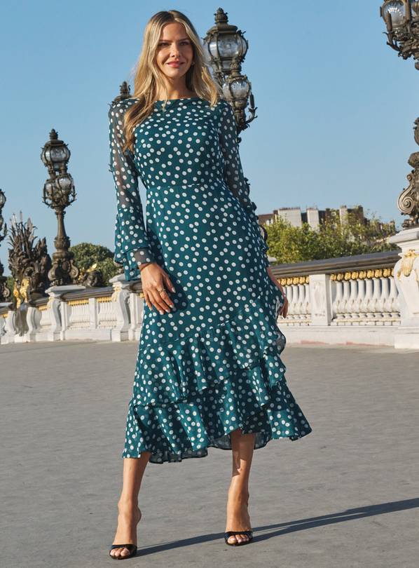 SOSANDAR Green Spot Print Ruffle Hem Fit and Flare Dress 20