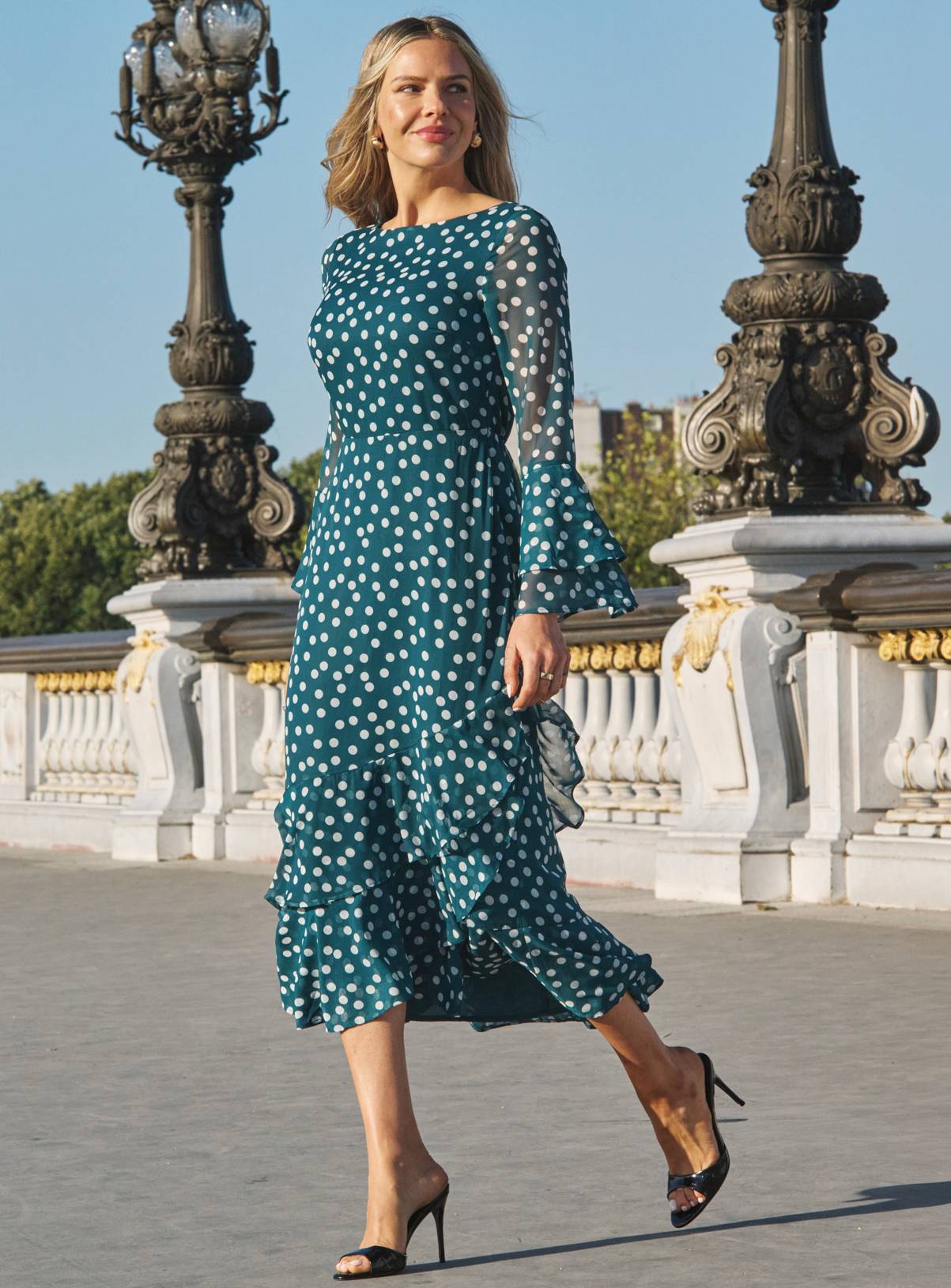 SOSANDAR Green Spot Print Ruffle Hem Fit and Flare Dress 14 - Image 7