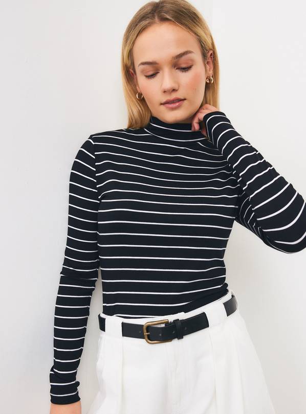Black Rib Roll Neck Stripe Top 18